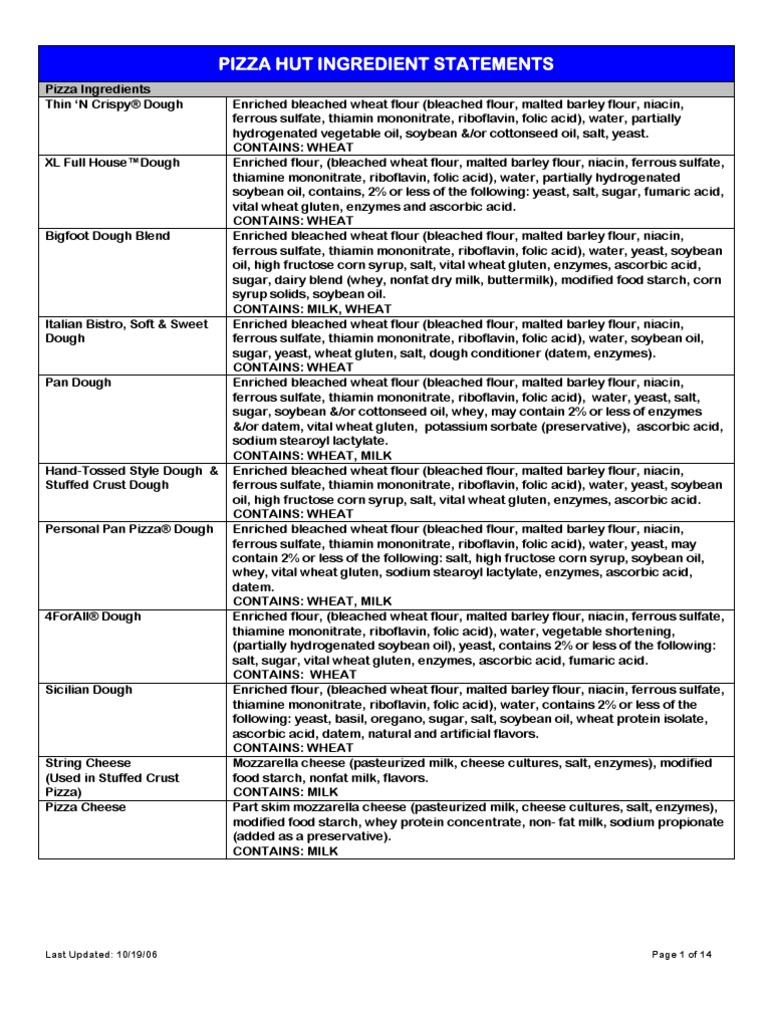 PIZZA HUT ingredients Flour Cheese Free 30day Trial Scribd