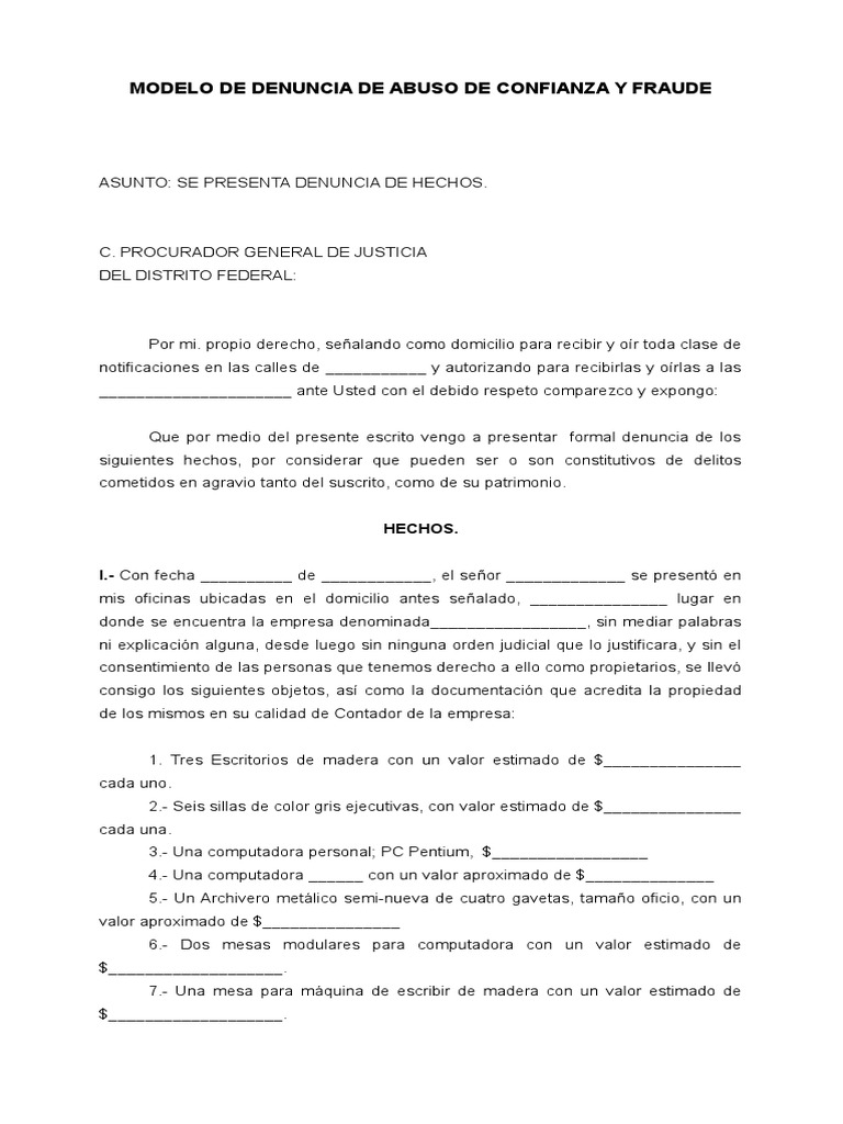 Modelo de Denuncia de Abuso de Confianza y Fraude | PDF | Contabilidad