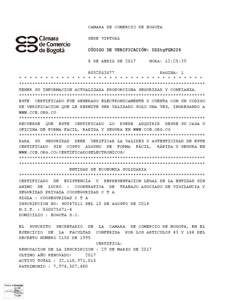 Certificado Camara y Comercio Cooseguridad | PDF | Cooperativa | Junta ...