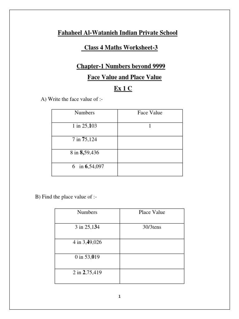 Fahaheel AlWatanieh Indian Private School Class 4 Maths Worksheet3