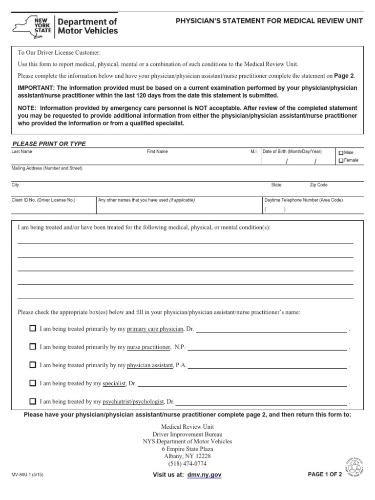 DMV Medical Review Physician Statement | PDF | Physician | Dementia