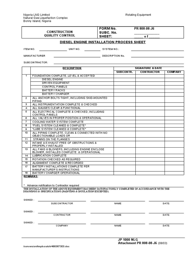 Form No. SUBC. No. Sheet: Diesel Engine Installation Process Sheet ...