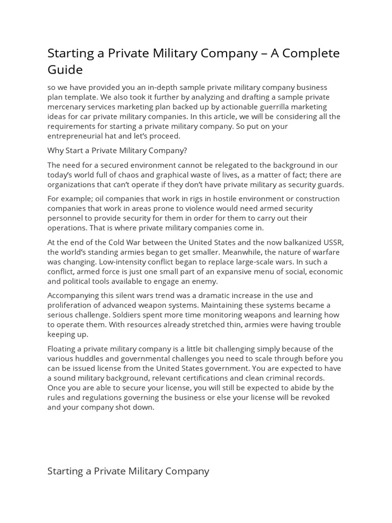 Starting A Private Military Company A Complete Guide PDF Limited