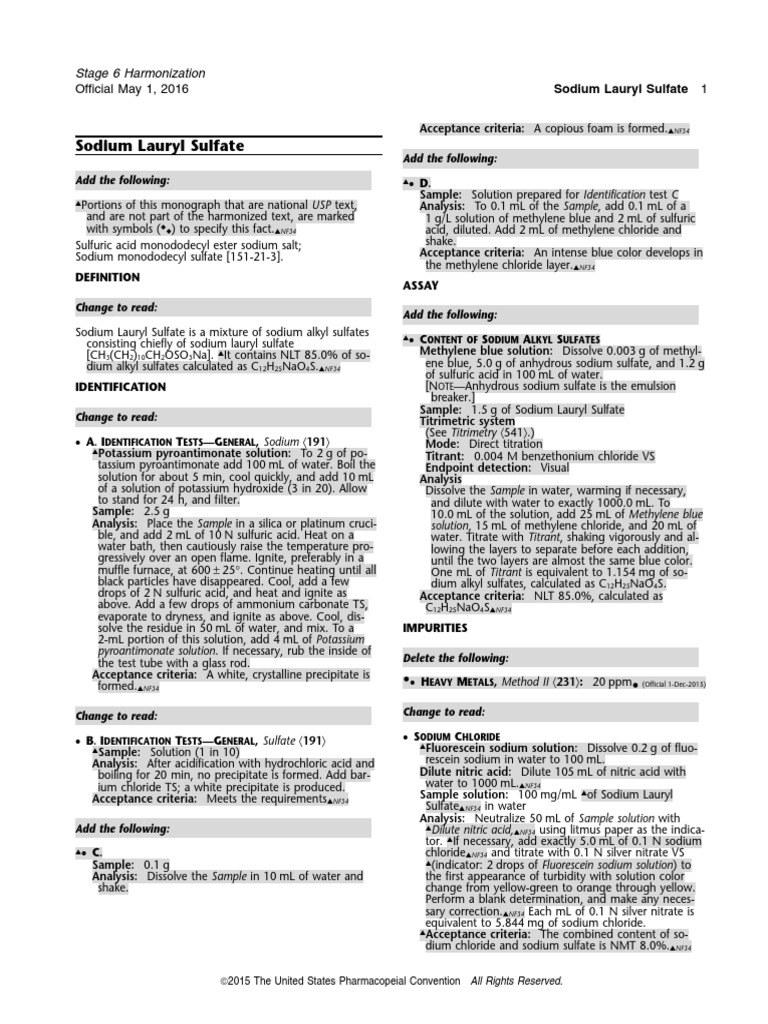 Sodium Lauryl Sulfate Assay Methods | PDF | Titration | Chemistry