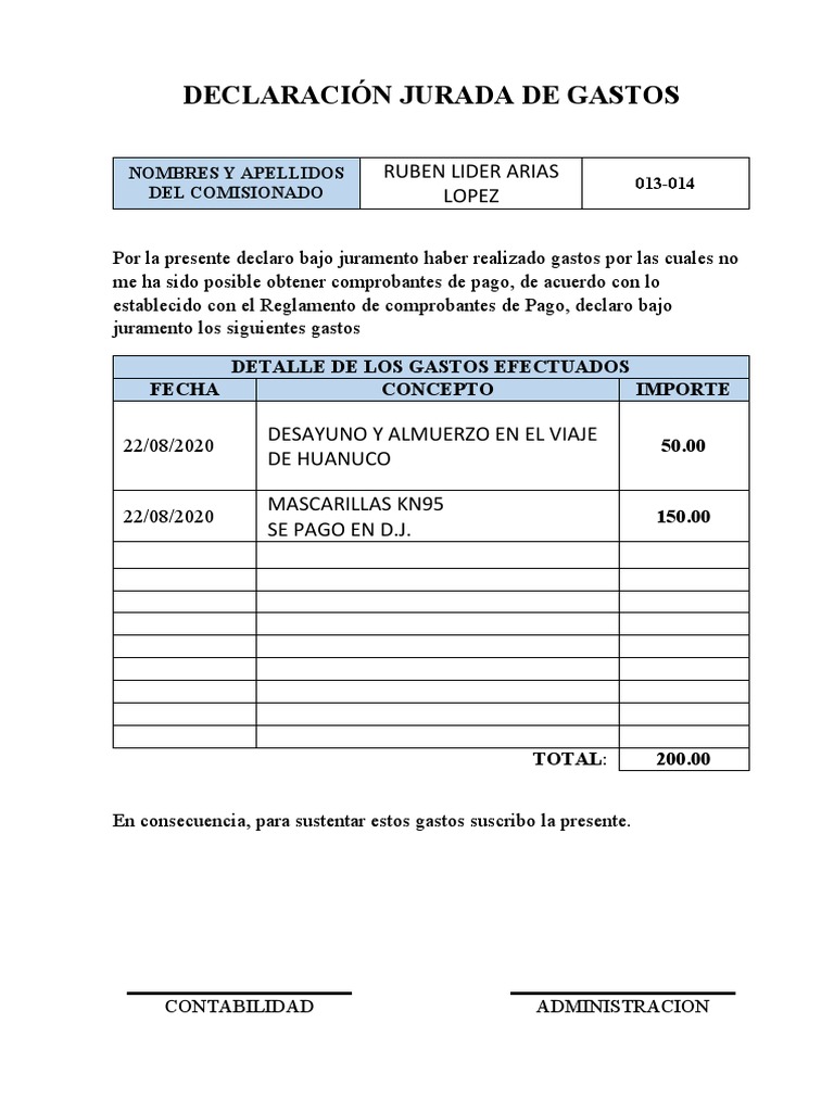 Modelo de Declaración Jurada de Gastos | PDF