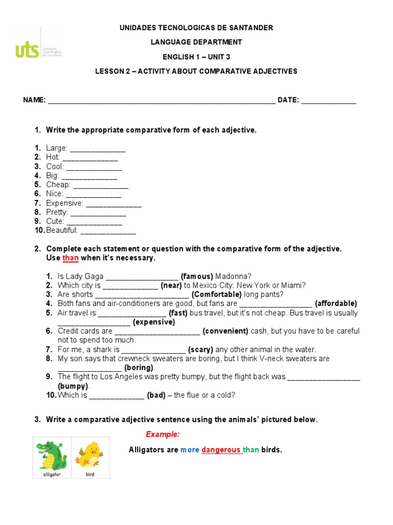 Second Activity - Unit 3 - Lesson 2 - Comparative Adjectives PDF | PDF ...
