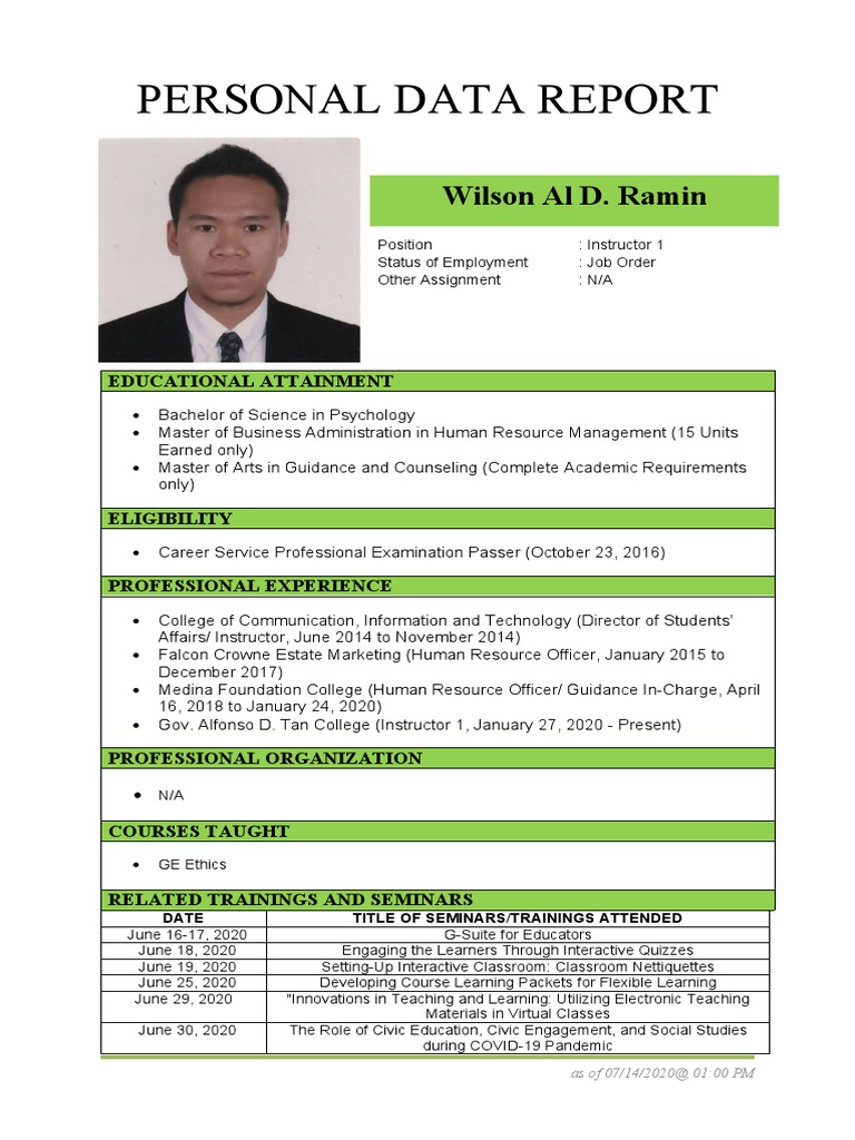 Personal Data Report: Wilson Al D. Ramin | PDF