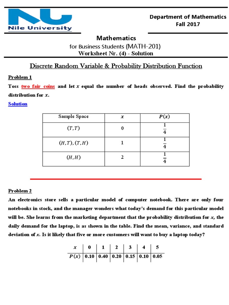 Worksheet # 23 - Solution  PDF  Probability Distribution Throughout Simple Probability Worksheet Pdf