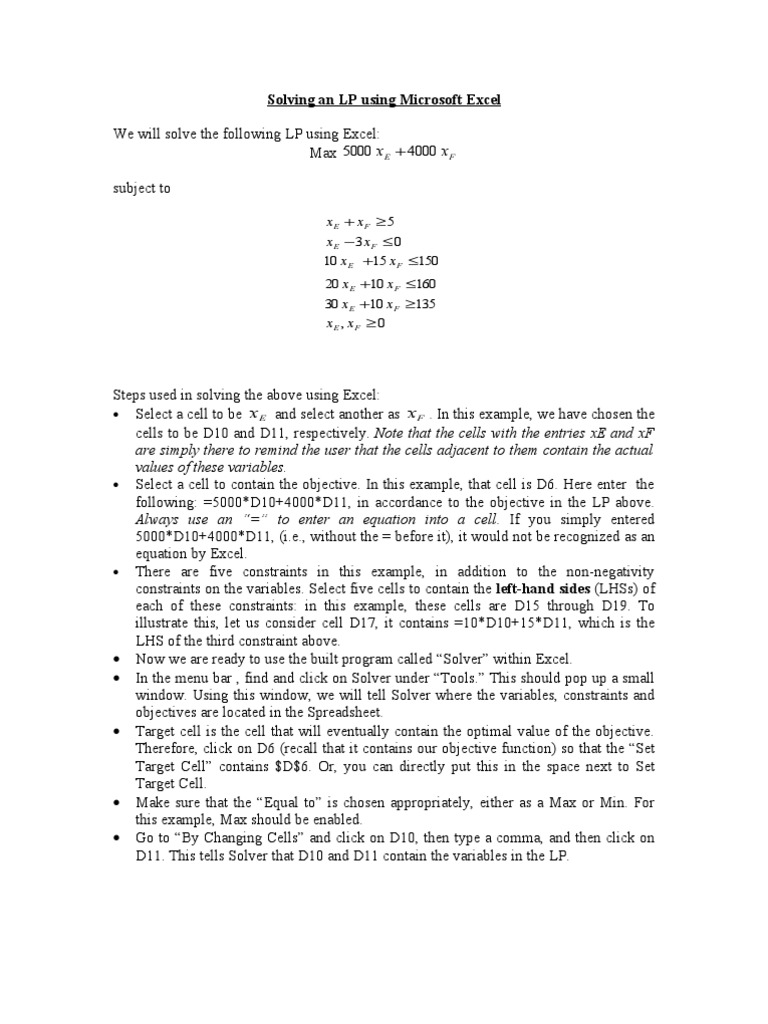 Notes For Solving An LP Using Excel | PDF | Microsoft Excel ...