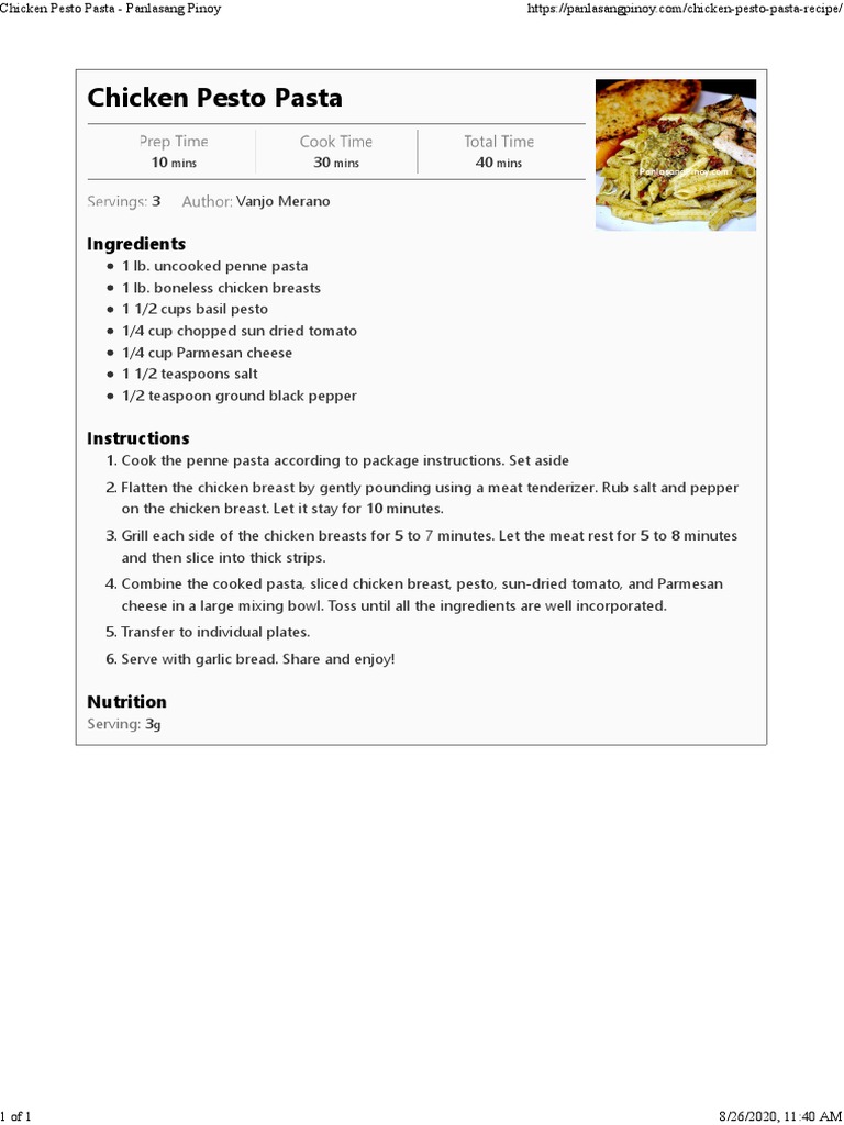 Chicken Pesto Pasta Panlasang Pinoy PDF