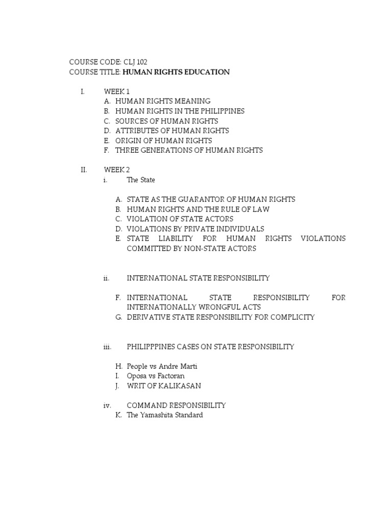 Human Rights Education Syllabus CLJ 102 | PDF