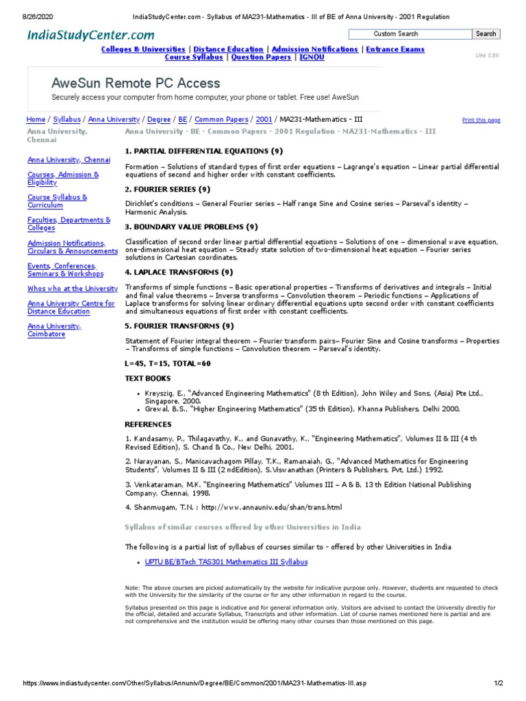 Syllabus Of Ma231 Mathematics Iii Of Be Of Anna University 01 Regulation Pdf Fourier Series Fourier Transform