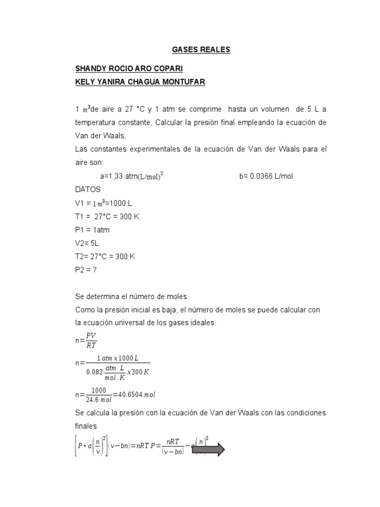 Cálculo de Presión con Van der Waals | PDF | Gases | Mole (Unidad)