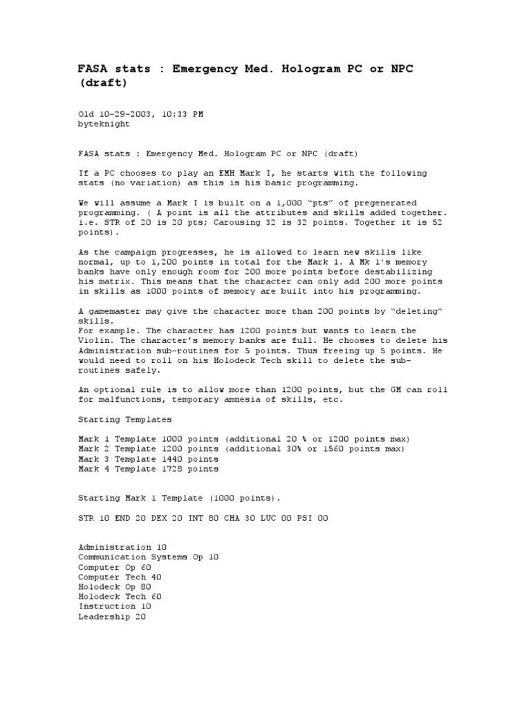 EMH Mark I Character Stats Guide | PDF | Star Trek | Leisure