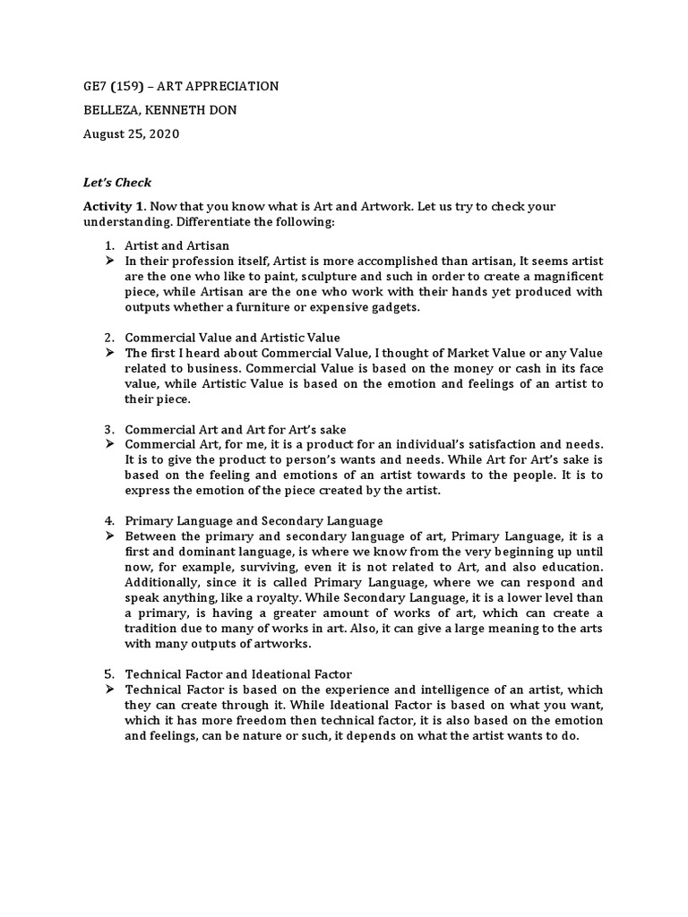 Let's Check: Activity 1. Now That You Know What Is Art and Artwork. Let ...