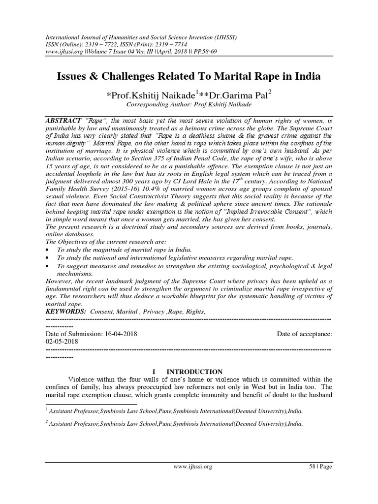 Marital Rape Issues in India: A Study | PDF | Rape | Sexual Assault