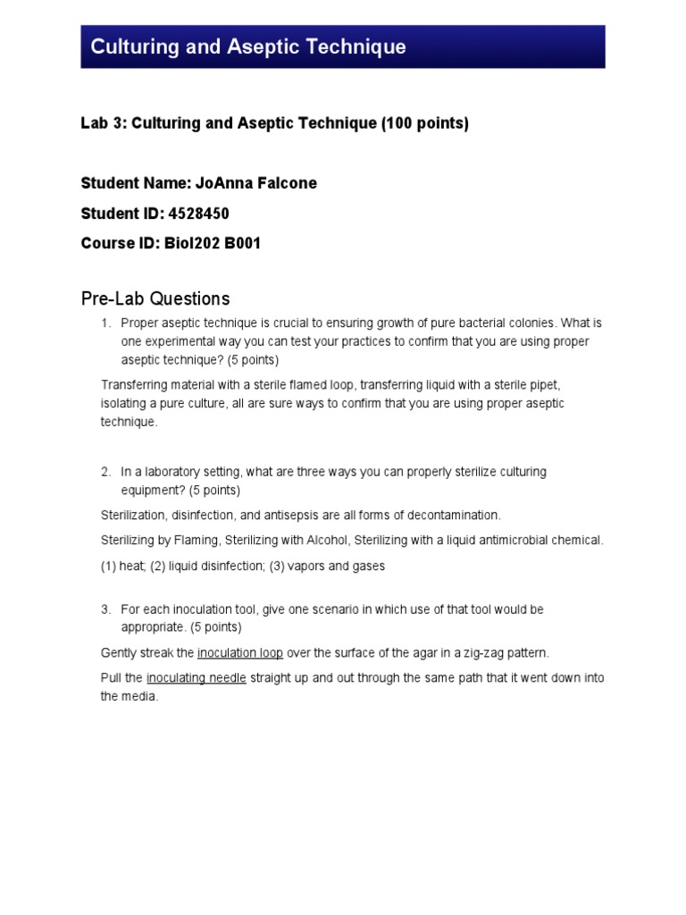 Culturing and Aseptic Technique PreLab Questions PDF Bacteria Escherichia Coli
