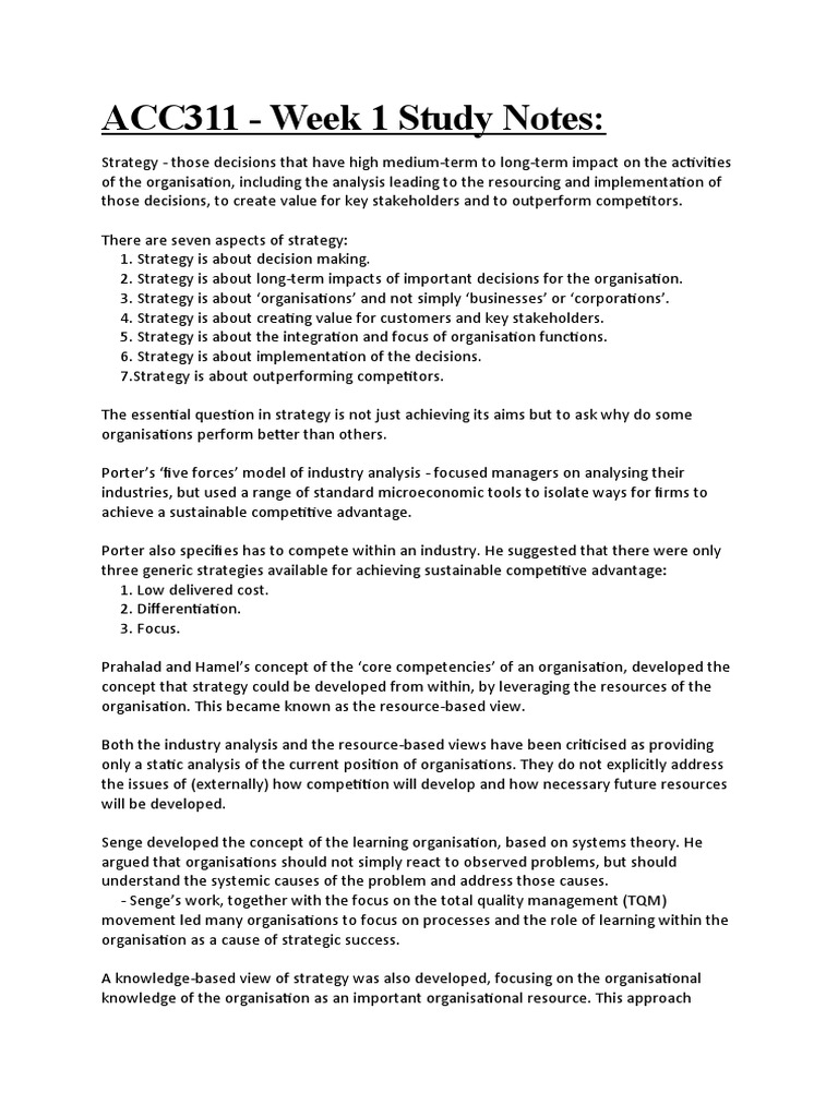 ACC311 Week 1 Notes | PDF | Strategic Management | Competitive Advantage
