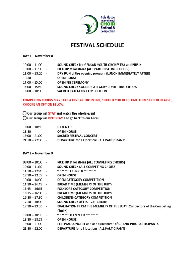 Festival Schedule Fill Out Form PDF | PDF | Choir | Performing Arts
