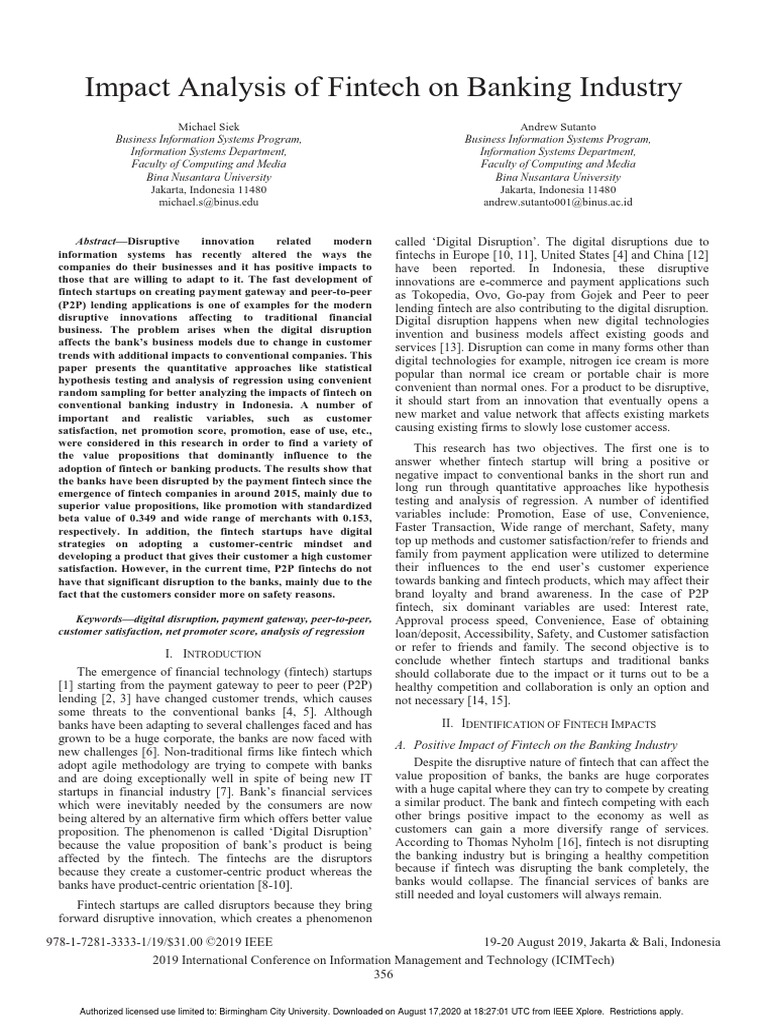 Impact Analysis of Fintech On Banking Industry | PDF | Financial ...