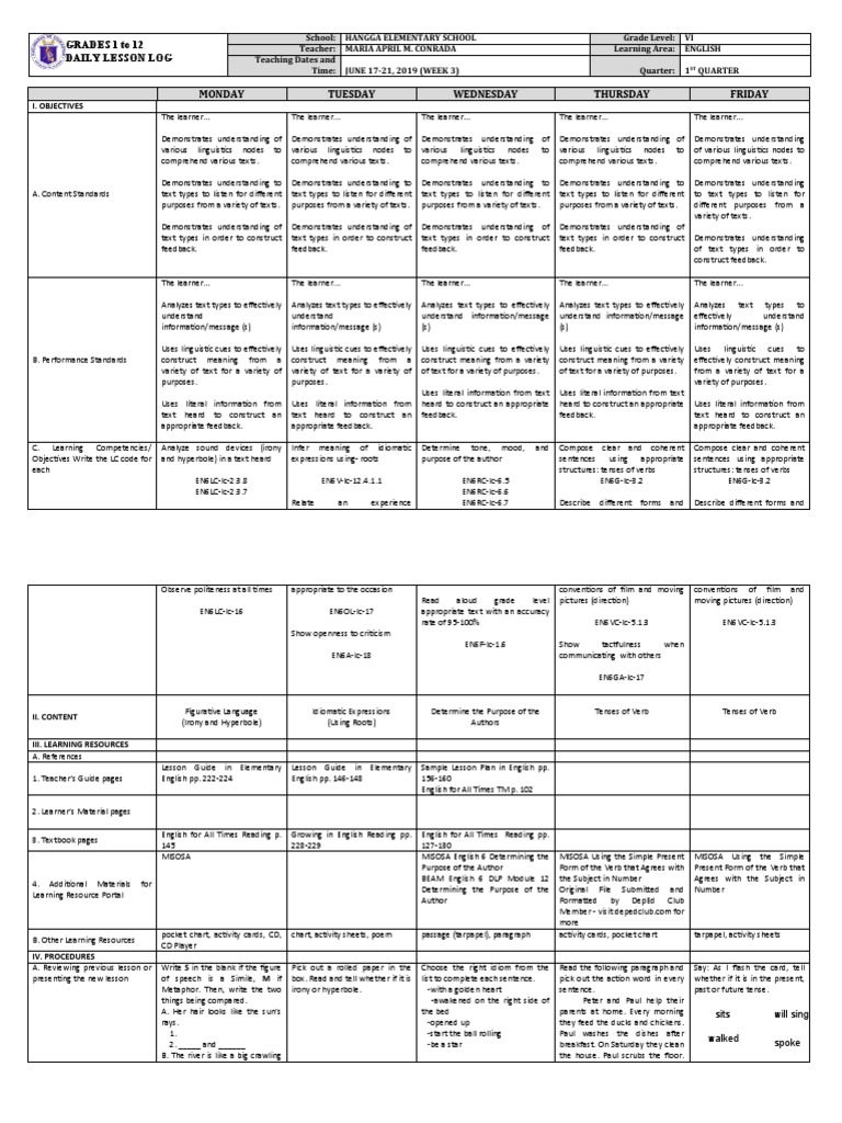 English 6 Weekly Lesson Plan W3 | PDF | English Language | Verb