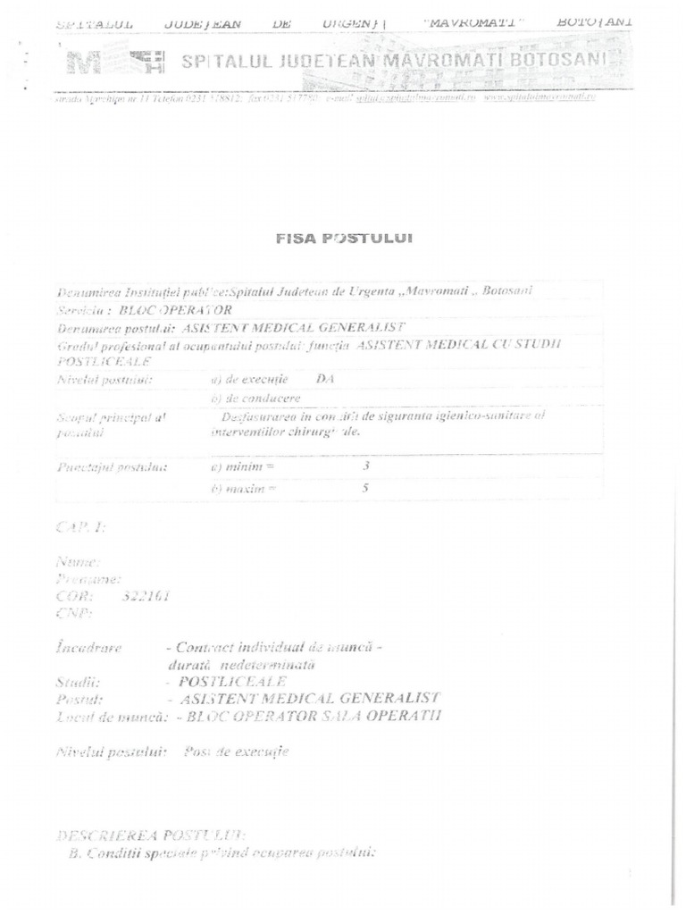 Fisa Postului Asistent Medical Bloc Operator | PDF