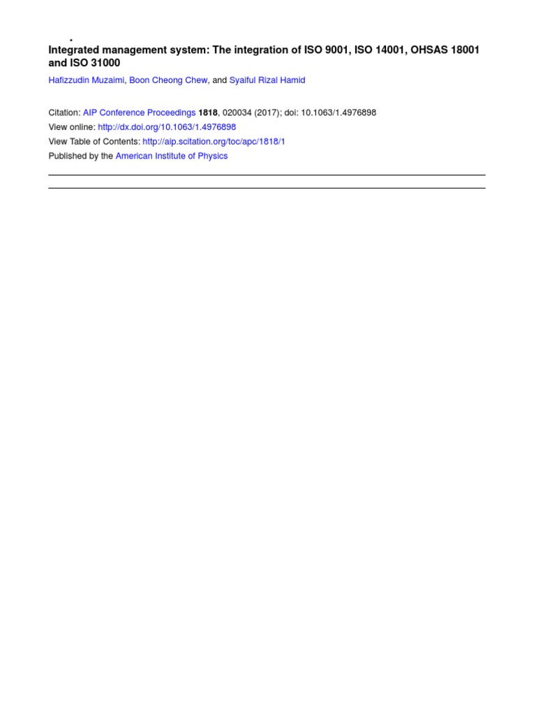Integrated Management System: The Integration of ISO 9001, ISO 14001 ...