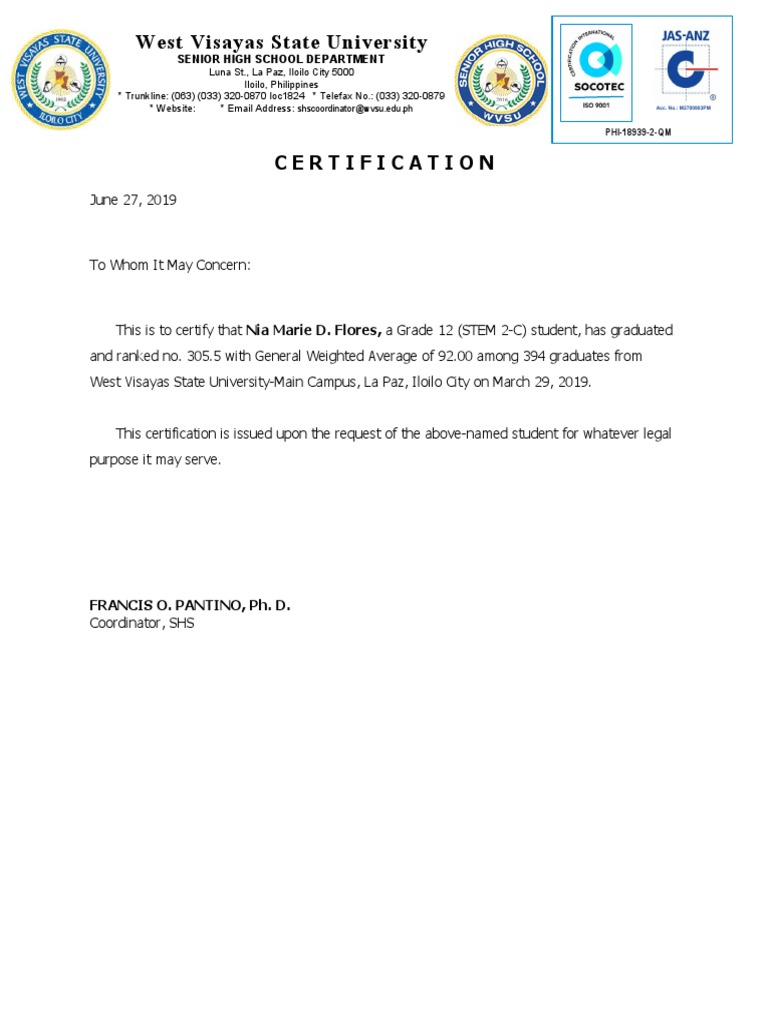 Grade 12 Ranking and GWA Certification | PDF | Learning
