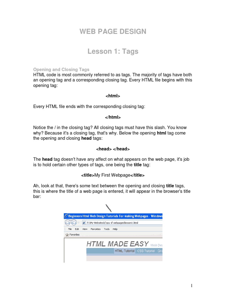 Web Page Design: Opening and Closing Tags | PDF | Html Element | Html