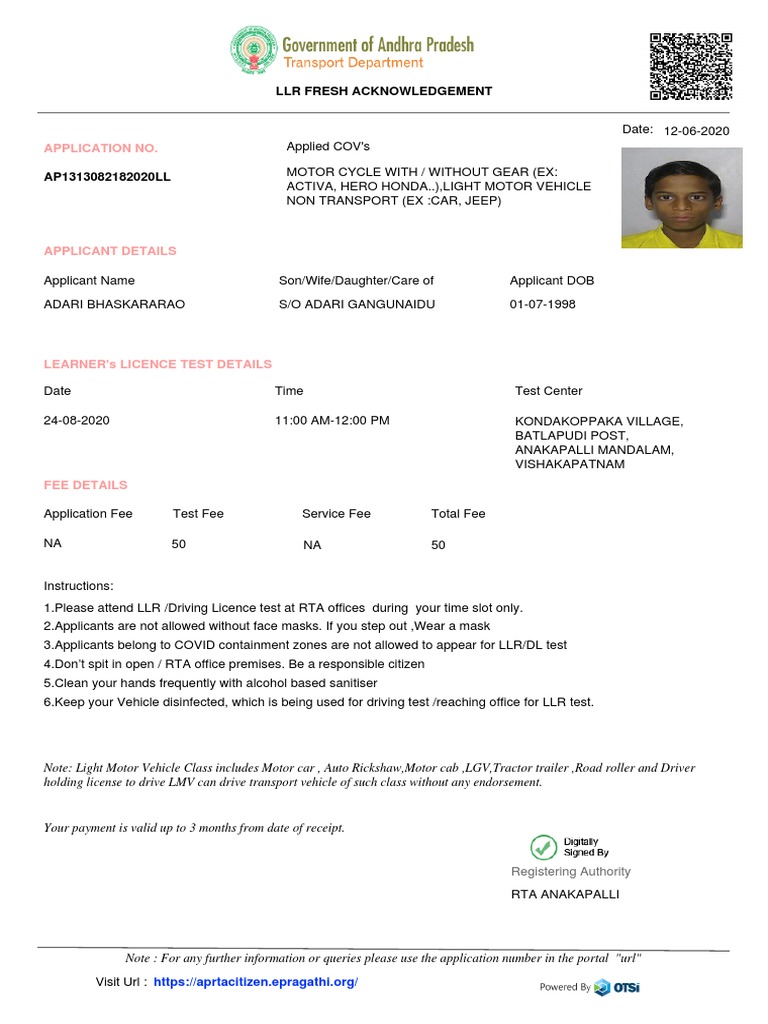 LLR Acknowledgement for Applicant | PDF | Driver's License | Transport