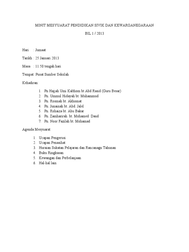 Minit Mesyuarat Pendidikan Sivik Dan Kewarganegaraan Pdf