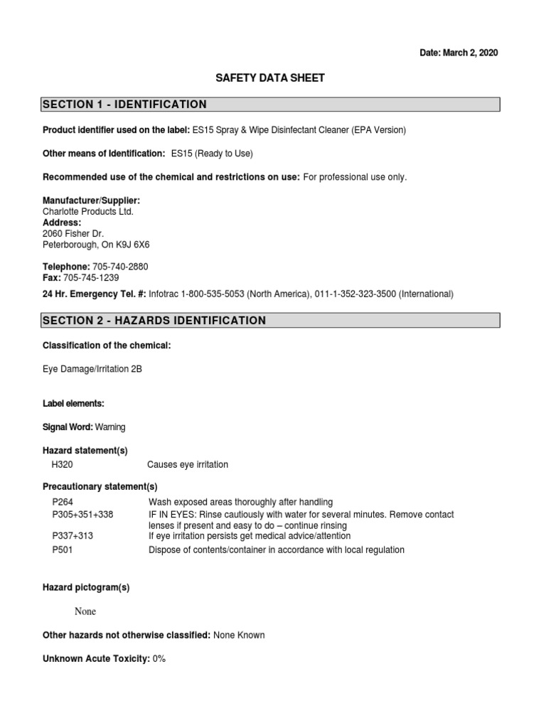 ES15 Disinfectant Cleaner Safety Data Sheet | PDF | Firefighting ...