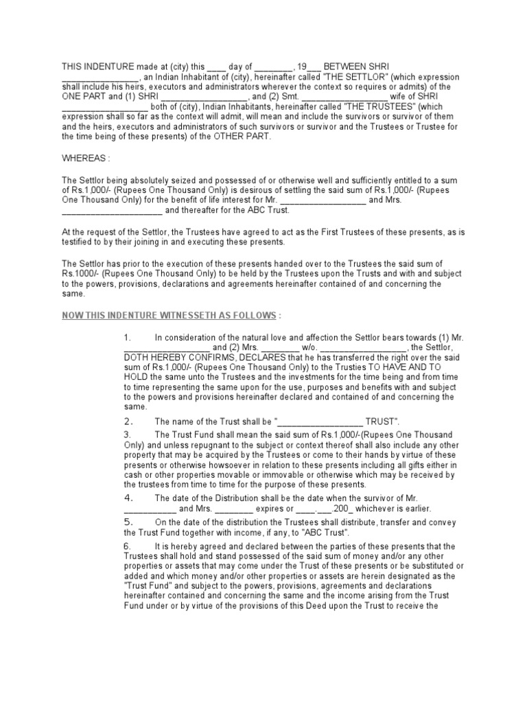 Trust Deed Format PDF Trust Law Leasehold Estate