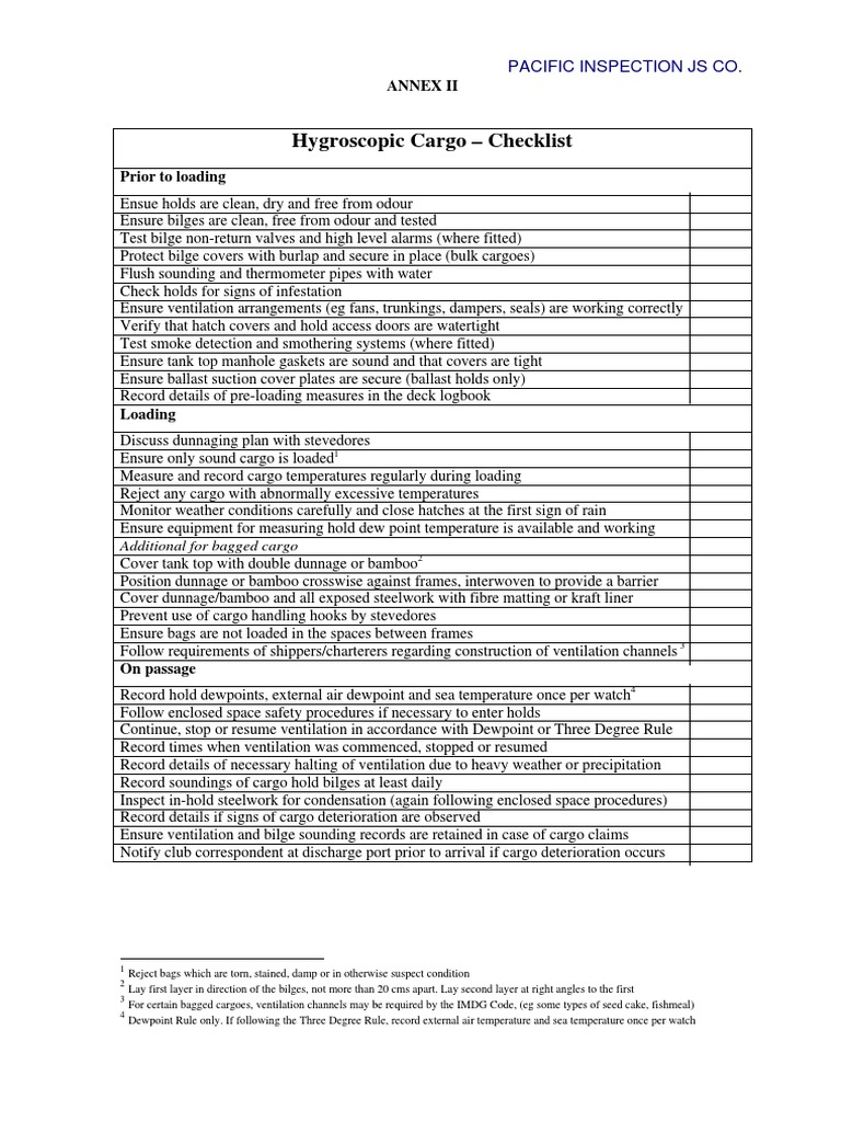 Hygroscopic Cargo Checklist Annex Ii PDF Cargo Ventilation
