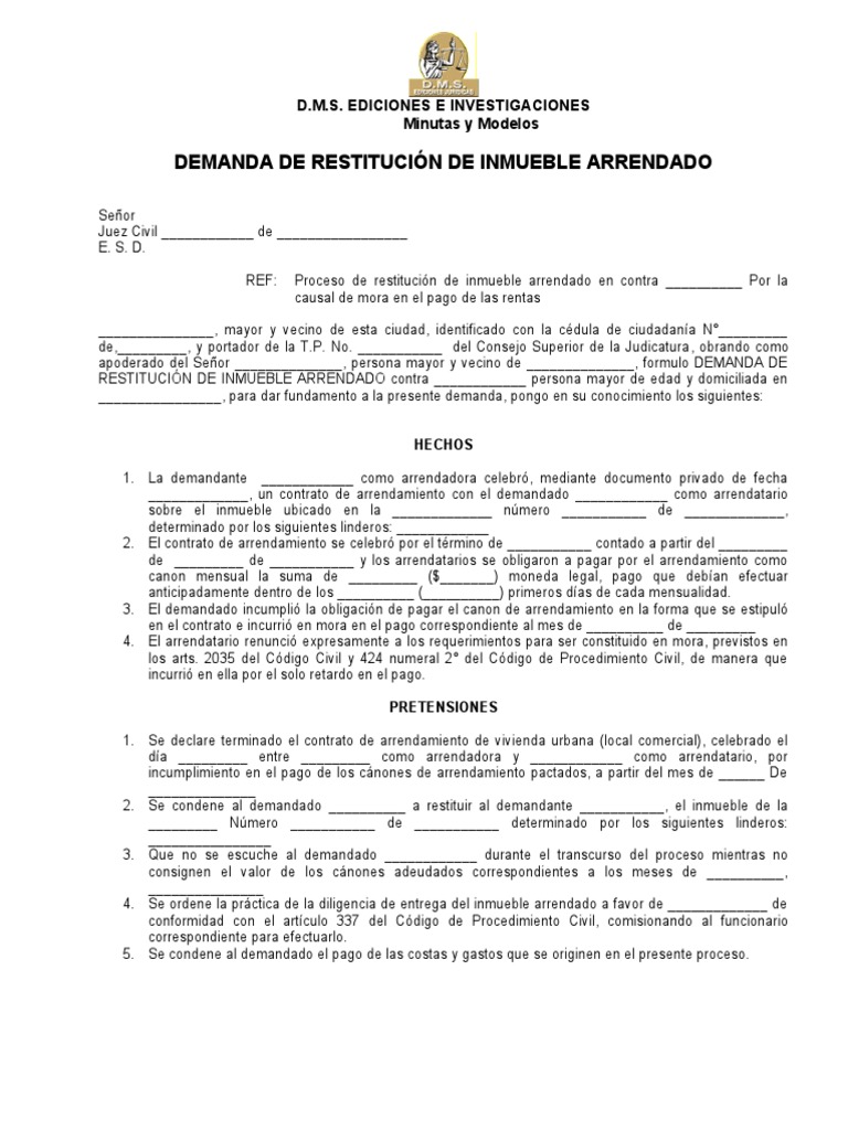 Demanda de Restitución de Inmueble Arrendado | PDF | Alquiler | Justicia