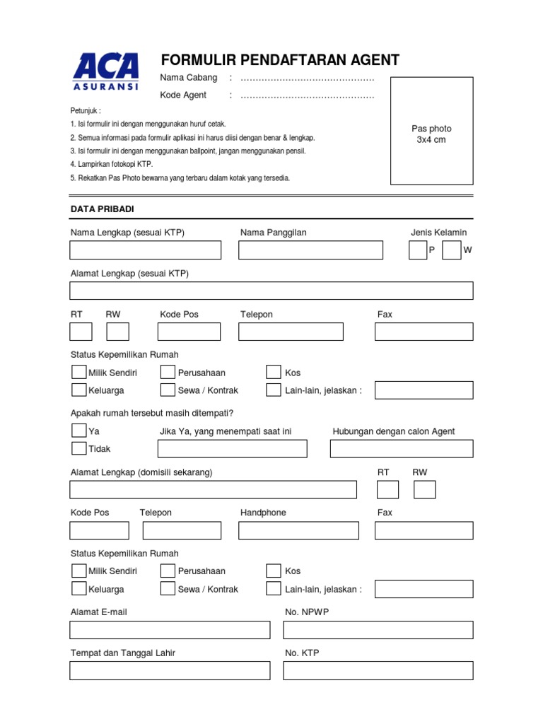 Formulir Pendaftaran Agen Asuransi | PDF