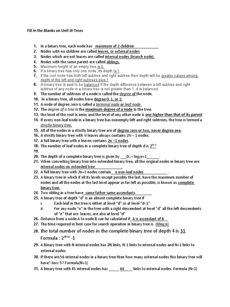 Trees MCQ Notes PDF Mathematical Logic Theoretical Computer Science