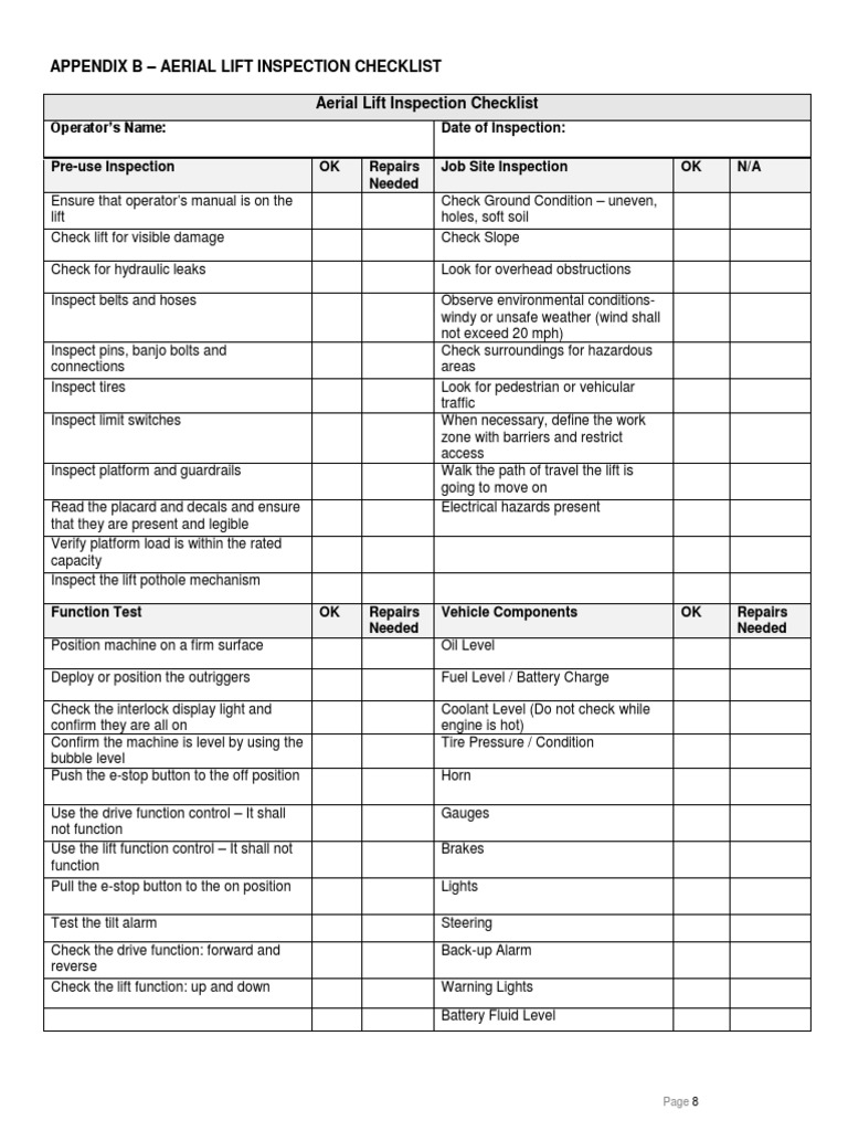 Appendix B Aerial Lift Inspection Checklist Aerial Lift Inspection Checklist PDF Elevator