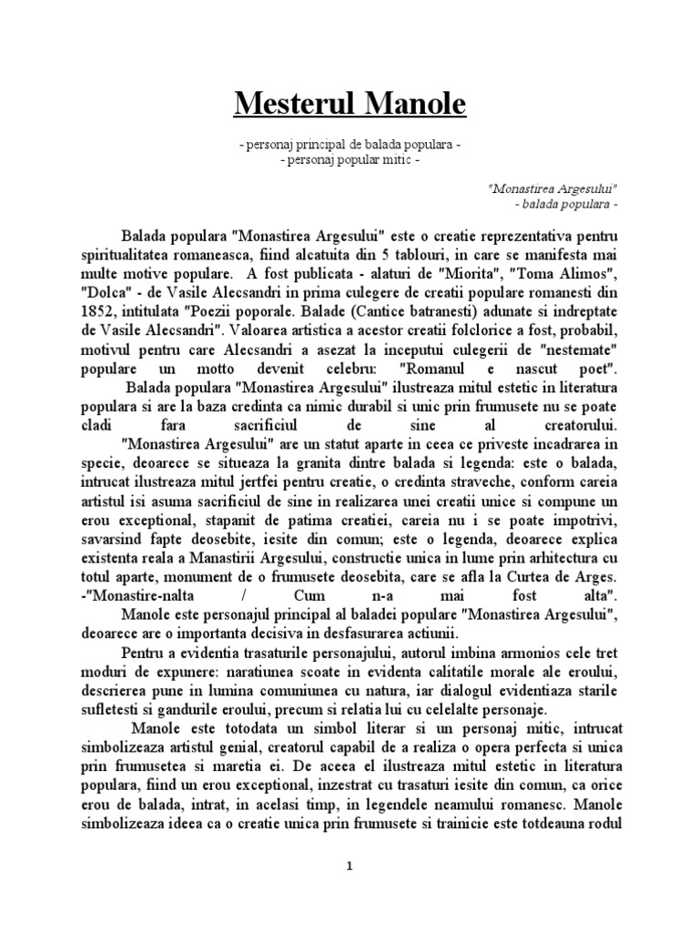 Mesterul Manole Caracterizare