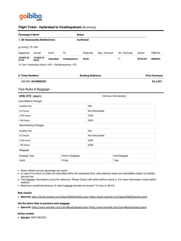 Flight Ticket Hyderabad To Visakhapatnam Fare Rules & Baggage PDF
