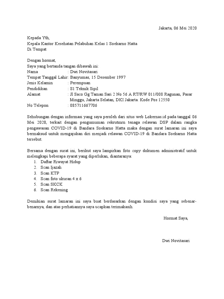 Contoh Surat Lamaran Kerja