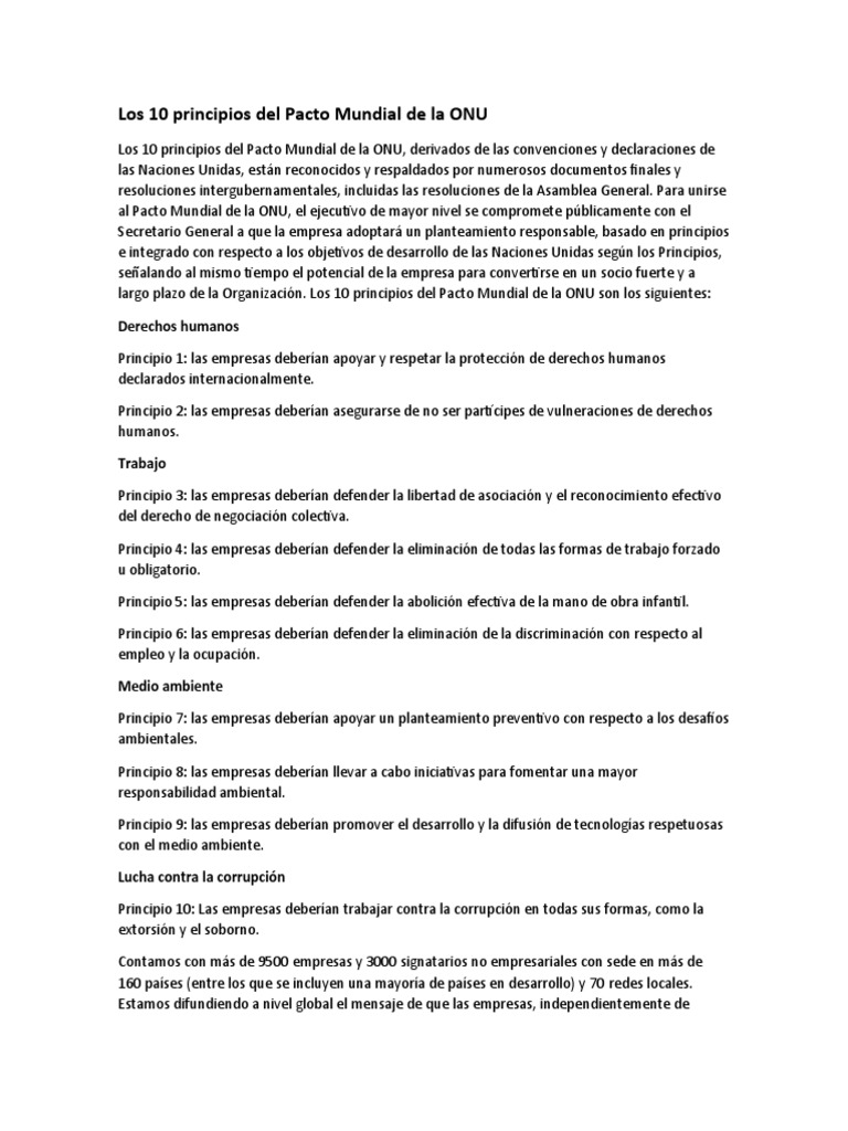 Los 10 Principios Del Pacto Mundial de La ONU PDF Naciones Unidas Relaciones Internacionales