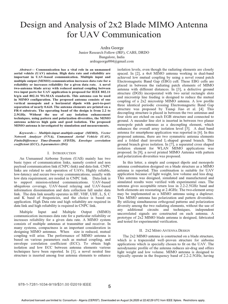 Design and Analysis of 2x2 Blade MIMO Antenna For UAV Communication ...