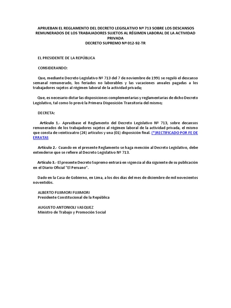 D.S 01292TR Reglamento Del D.L. N°713 Descansos Remunerados