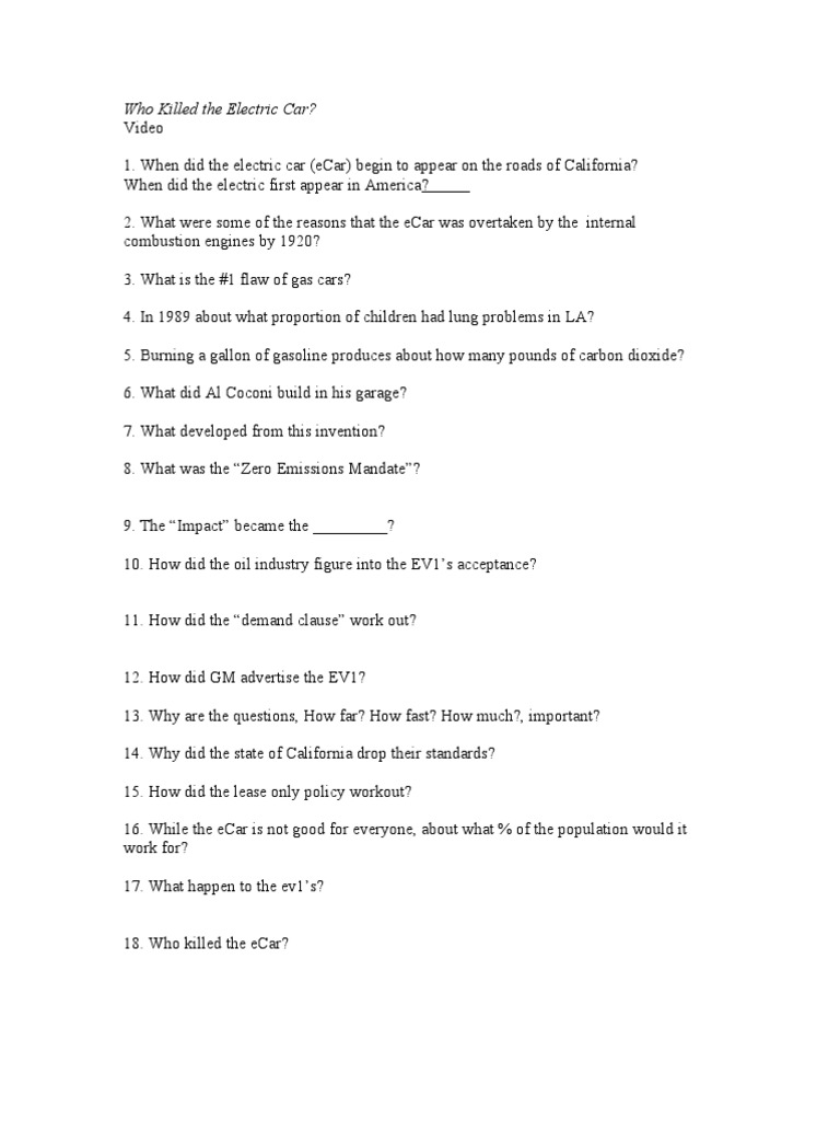 worksheet Who Killed The Electric Car Worksheet who killed the electric car video guide key vehicles