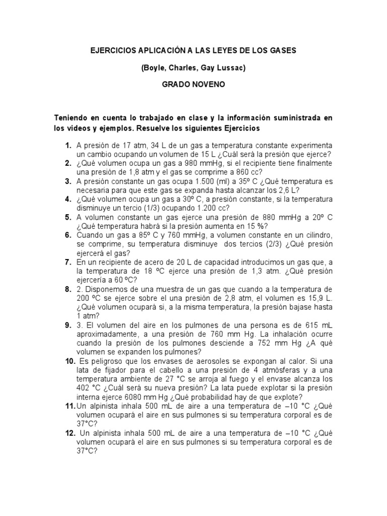 Ejercicios sobre Leyes de los Gases | PDF | Gases | Presión