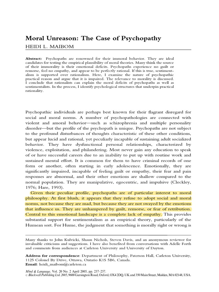 Maibom - Moral Unreason. The Case of Psychopathy PDF | PDF | Self ...