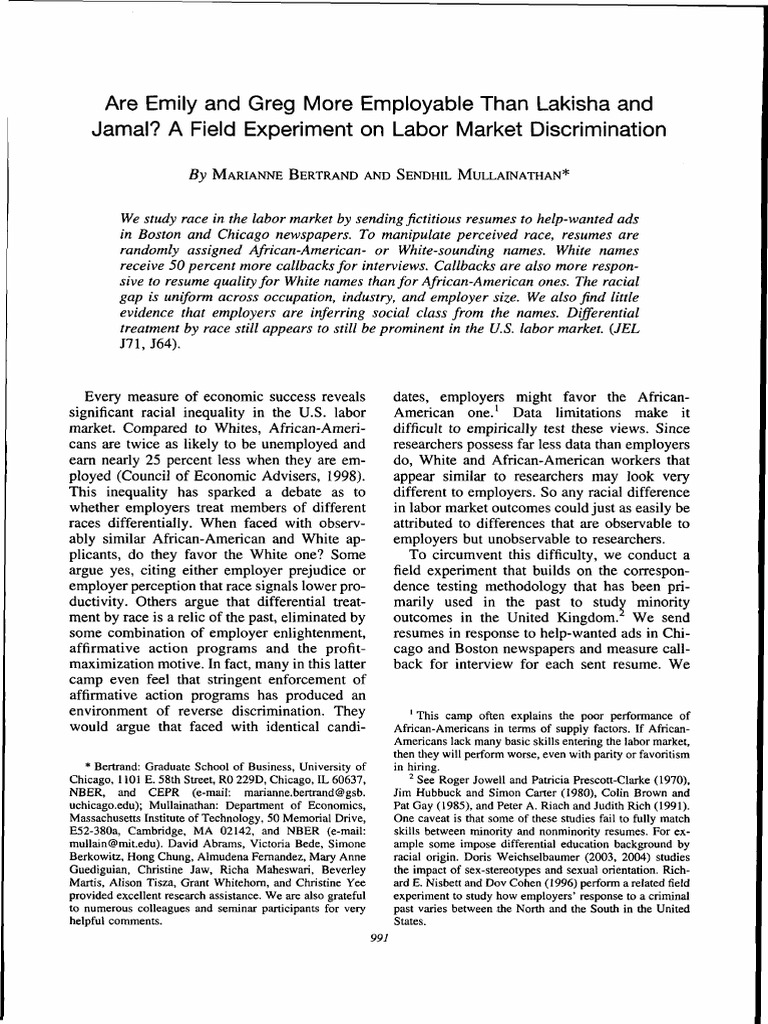 Bertrand Mullainathan (2004) PDF Race (Human Categorization