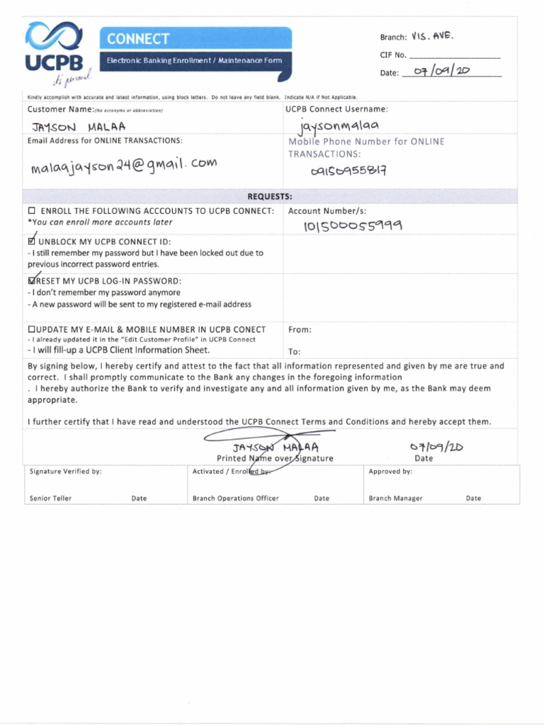 UCPB Connect Username:: Cif No | PDF
