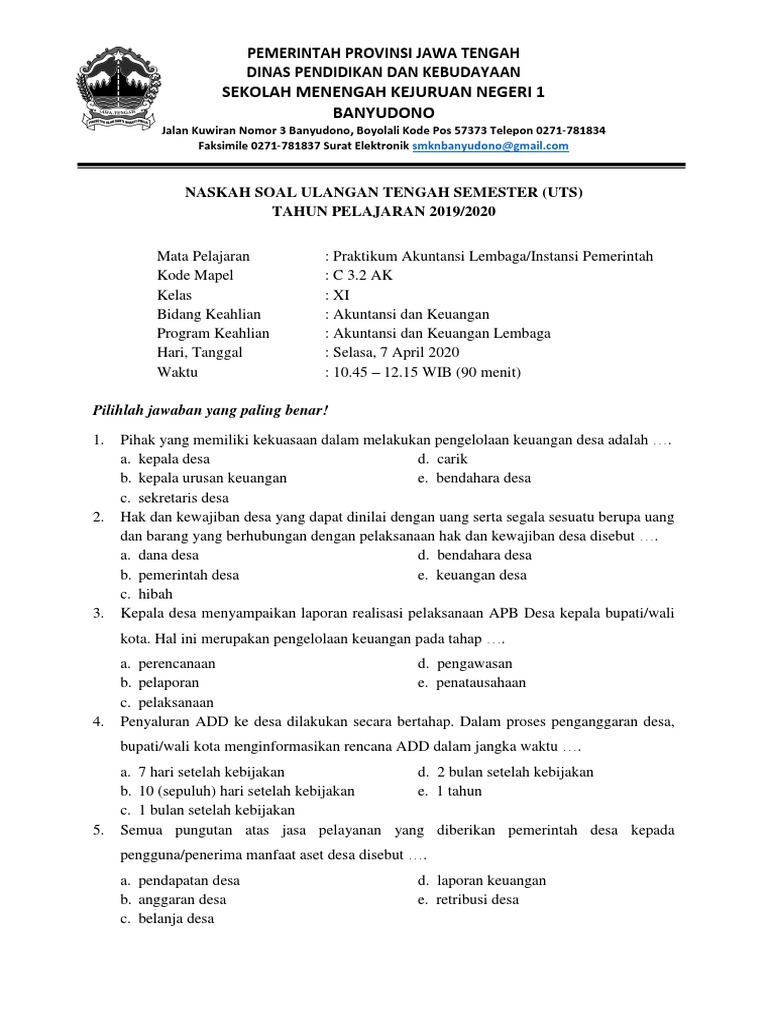 Naskah Soal Ulangan Tengah Semester Praktikum Akuntansi Lembaga Instansi Pemerintah Pdf